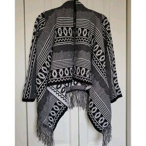 Aztec Black n White Theme Cardigan Sweater Fringe Size 12 Long Sleeve Casual